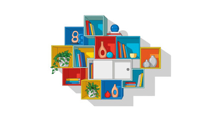 Modern Colorful Wall Mounted Bookshelf with Decorative Objects and Storage Boxes Vector Illustration for Home Interior Library and Living Room Decor Design
