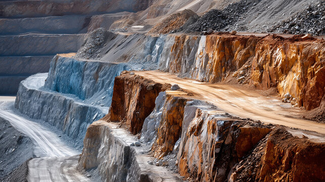 professional mining background showing layered soil and mineral veins in open pit mine, clear lighting, documentary photography style