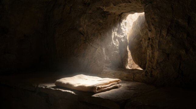 Burial cloth of Jesus in an empty tomb. Christ resurrection concept for Easter. Religious Christian symbol of faith and salvation.