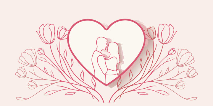 A couple embracing within a heart shaped floral outline romantic papercut style