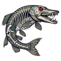 Fototapeta premium Pike skeleton fish with red eyes in vintage tattoo style illustration isolated on white background