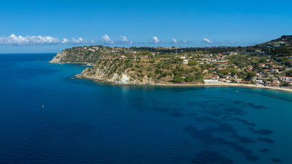 Fototapeta premium Aerial view of Capo Vaticano, a large promontory and tourist destination located in the municipality of Ricadi, along the 