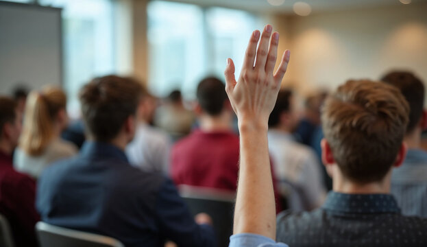 A raised hand an audience member in a classroom or seminar during a conference or public discussion event.