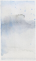 Abstract winter watercolor background. Vertical blue and grey paint wash with snow splashes.