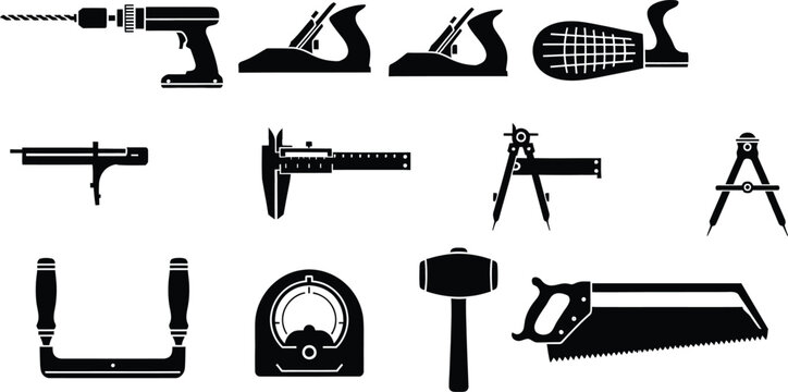 A collection of black silhouettes showing essential woodworking and construction tools