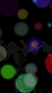 Vertical video: Silhouetted crowd moving to pulsing lights, dancing and raising hands to music