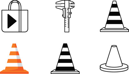 Fototapeta premium Construction tools and traffic safety cone icon set measurement equipment warning roadwork vector illustration isolated collection