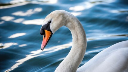 Fototapeta premium Majestic swan glides across serene blue water with sunlight reflections