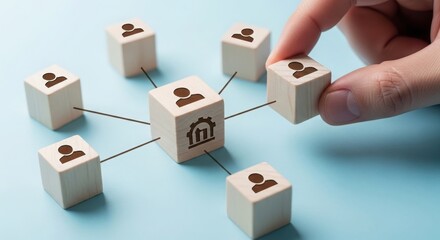 Hand placing a wooden block into a network of people icons representing team building and management. isolated on transparent background, illustration