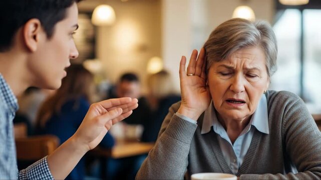 Senior woman with hearing problems strains to understand a speaker, experiencing communication difficulty due to auditory impairment and potential ear issues in a public setting
