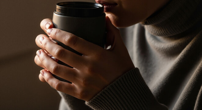 Person sipping from thermos while holding cup in cozy atmosphere  