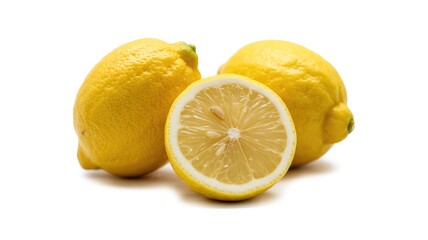 Fresh lemons with one cut open showing juicy pulp and seeds