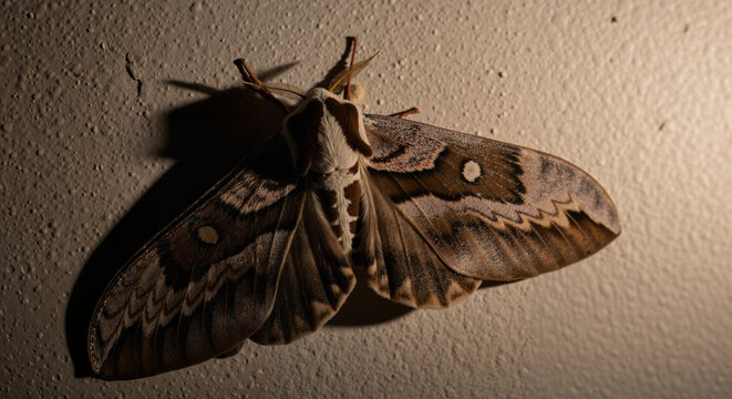 Moth on wall at night with soft light illuminating details  