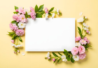 Obraz premium A blank white card surrounded by a beautiful floral arrangement on a pale yellow background