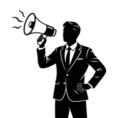Fototapeta premium businessman in suit with megaphone silhouette public speaker and marketing announcement vector icon