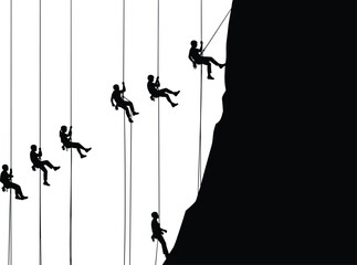 Rock climbing silhouette sequence, team ascending vertical cliff using ropes, adventure teamwork progress concept, black and white vector illustration set