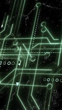 Vertical video: On play neon circuit network panning and pulsing to show directional data flow