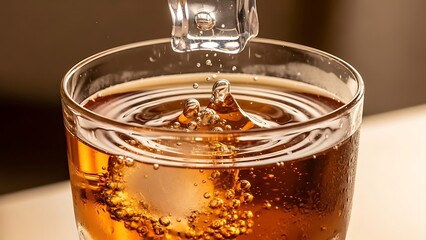 Ice Cube Dropping into a Glass of Amber Liquid, Creating a Splash and Ripples.