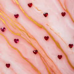 Luxury pink onyx marble texture background with golden streaks and decorative sparkling red gemstone hearts scattered on surface for romantic wedding greeting card or jewelry branding