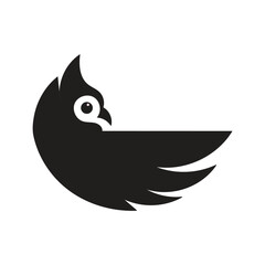 Stylized black owl silhouette with one eye and wing extended isolated on transparent background
