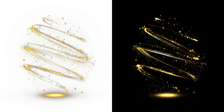 Golden Spiral Light Energy with Sparkling Particles Creating Luxury Abstract Glow Effect on Black Background
