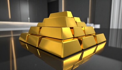 Stack of Shiny Gold Bullion Bars in a Pyramid Formation on a Reflective Black Marble Surface for Wealth, Investment, and Financial Success Concept