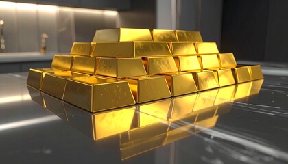 Stack of Shiny Gold Bullion Bars in a Pyramid Formation on a Reflective Black Marble Surface for Wealth, Investment, and Financial Success Concept