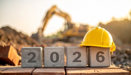 Yellow Hard Hat and Concrete Blocks Showing 2026 Date at Construction Site with Excavator for Engineering and Future Development Concept