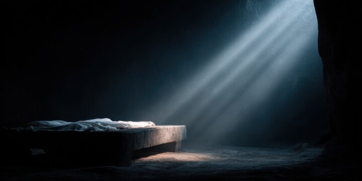 Empty stone tomb inside cave with ray of light. Easter morning, Resurrection of Jesus Christ religious concept for Good Friday.