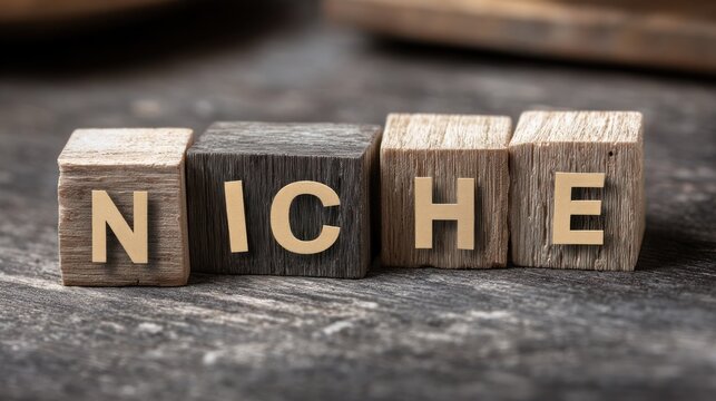 Wooden cubes spell the marketing term niche on a dark surface.