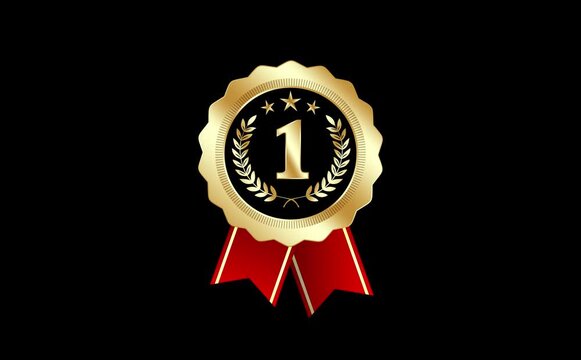 4K animation Gold Medal. Golden 1st Place Badge. Sport Game Golden Challenge Award. Red Ribbon with alpha channel background