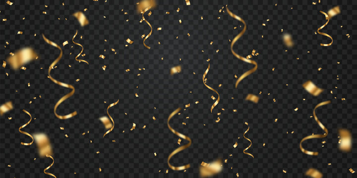 Vector gold serpentine png. Falling spiral serpentine isolated on png background. Vector flying luxury serpentine pieces. Falling curly ribbons, festive decor elements for party, birthday.