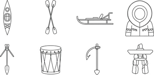 Fototapeta premium Collection of traditional Inuit culture line art icons featuring Arctic tools and clothing perfect for educational resources or digital design