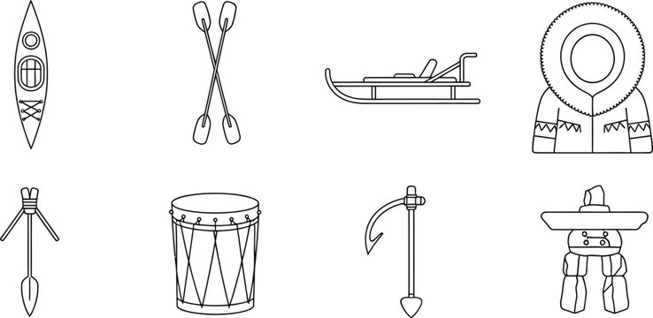 Collection of traditional Inuit culture line art icons featuring Arctic tools and clothing perfect for educational resources or digital design