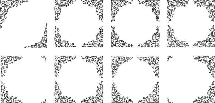 Collection of elegant ornate corner frames intricate scrollwork and floral vector illustrations ideal for wedding invitations certificates or decorative borders