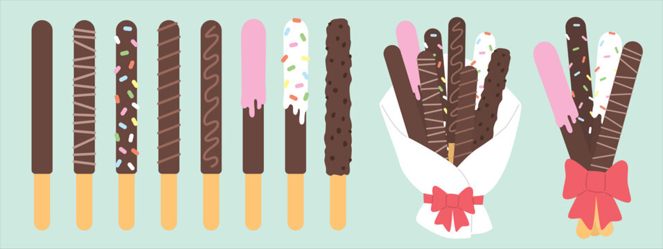 Chocolate dipped biscuit sticks collection with various toppings