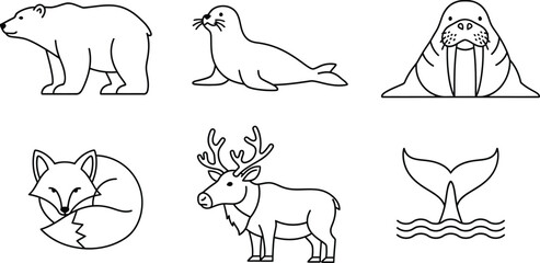 Set of simple outline illustrations of Arctic animals perfect for educational materials childrens books or environmental design projects © Muhammad