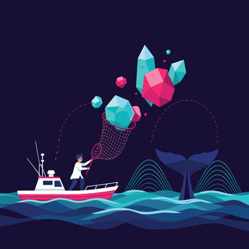 Scientist on a small boat at night uses a net to catch glowing geometric crystals that are jumping from the ocean like a whale, a surreal concept of data fishing.