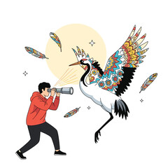 Fototapeta premium Man looks through a telescope at a large, majestic crane with vibrant, colorful patterns on its wings, a beautiful concept of discovering creativity, beauty, and inspiration.