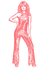 Vintage vector illustration of a glamorous woman in a 1970s disco jumpsuit. Retro fashion sketch with sequin outfit, isolated on a white background.
