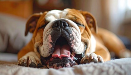 Sleepy Bulldog Yawning on Bed - A Portrait of Canine Relaxation.