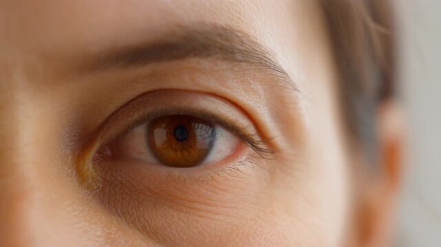 Close-up of woman's eye with brown iris and wrinkles, looking directly, on neutral background, for health or beauty use