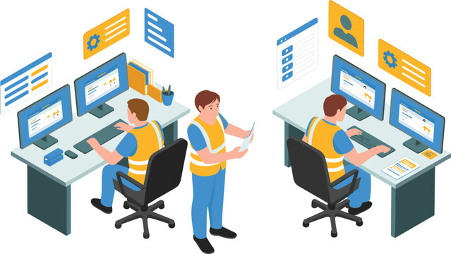 isometric IT support team illustration, technical workers monitoring computer systems, digital maintenance service, office technology management, vector business concept