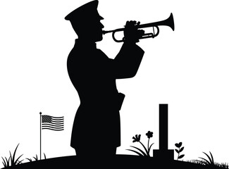 Memorial Day silhouette, soldier bugler, American flag, military tribute, patriotic remembrance, national holiday design, flat vector artwork © PORI 