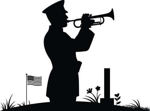 Memorial Day silhouette, soldier bugler, American flag, military tribute, patriotic remembrance, national holiday design, flat vector artwork