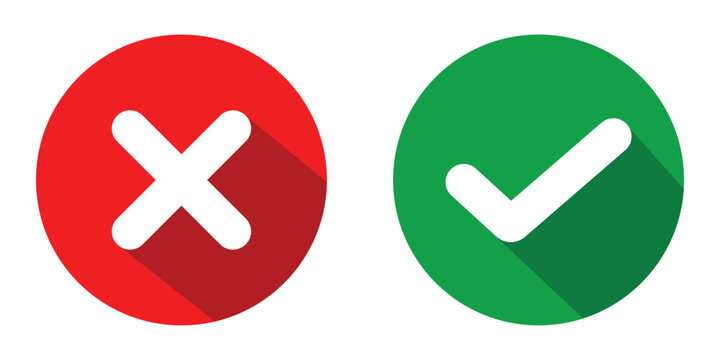Correct and wrong icons signs. Right and wrong icon vector, Check tick mark and cross mark icon set. Check mark icon button set. Mathematics symbol. Vector illustration.