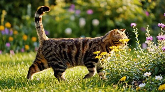 Bengal cat walking through lush green grass with vibrant flowers in the background, exploring outdoors