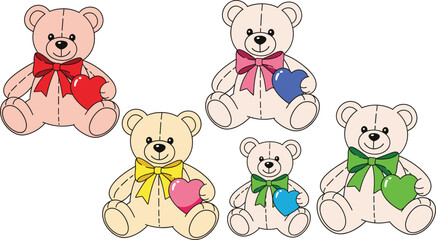 Obraz premium Cute Teddy Bear Collection with Colorful Bows and Heart Cartoon Illustration Set Isolated on White Background