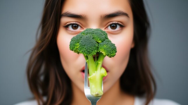 Young woman with a disgusted expression holds broccoli in front of her face with a fork. Concepts, healthy eating, vegetarian diet, dislike, picky eater