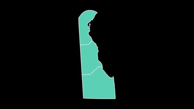 Delaware Map Animation 4K Transparent Background Digital Tech Style Counties Appearing Sequentially Teal Blue Business Motion Graphics